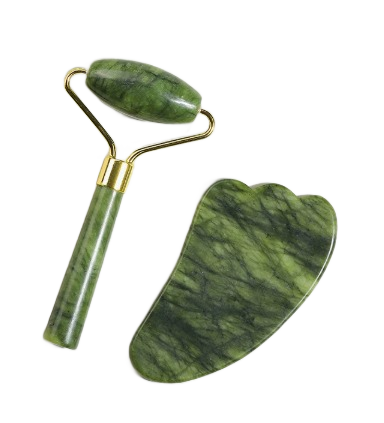 Gesichtsroller & Gua Sha Set – Jade mit Kugel-Roller, grün