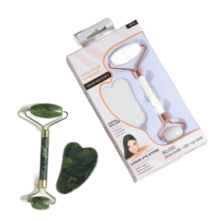 Gesichtsroller & Gua Sha Set – Rosenquarz/Weiß, mit Verpackung