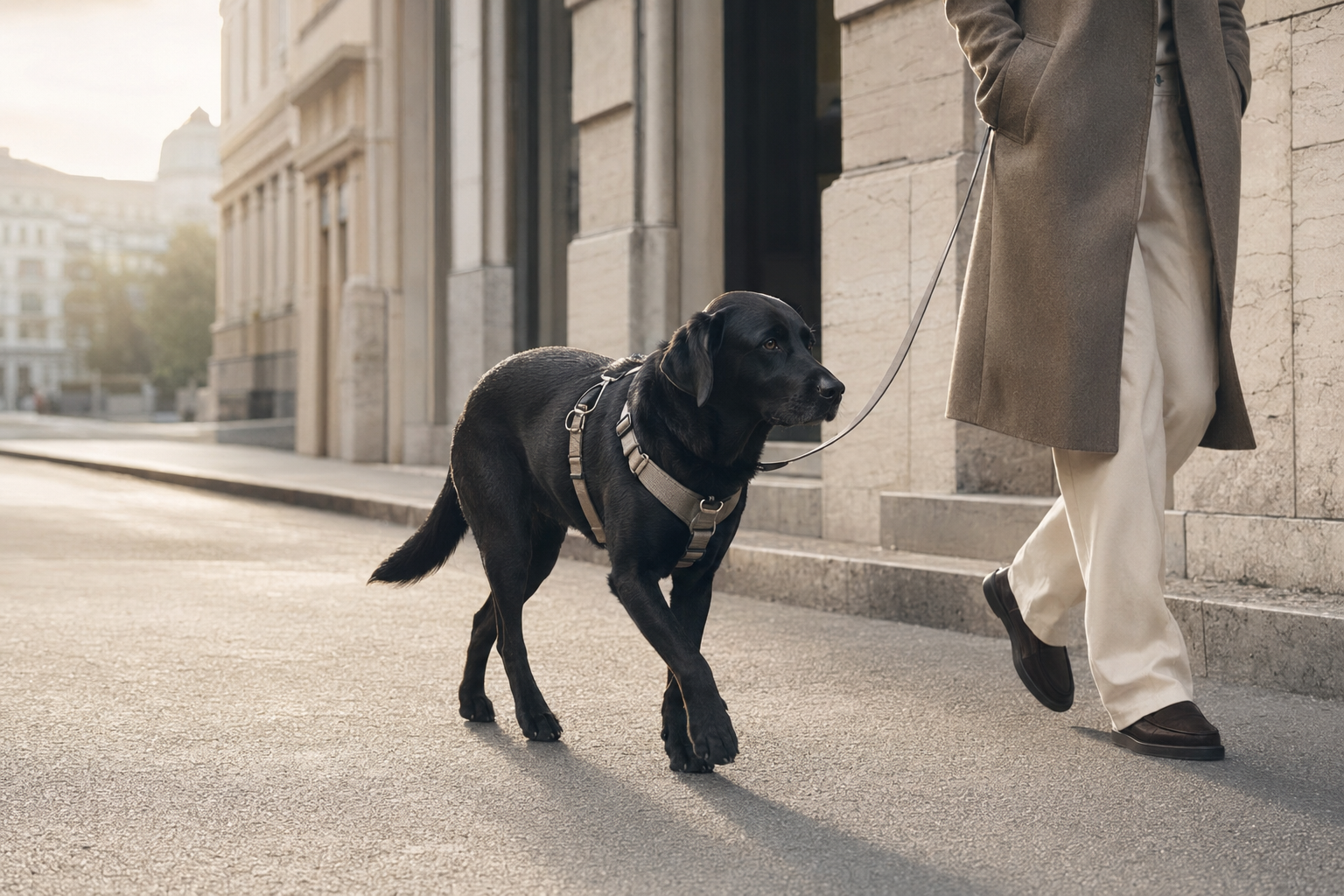 Schwarzer Hund mit Geschirr bei einem Spaziergang in der Stadt